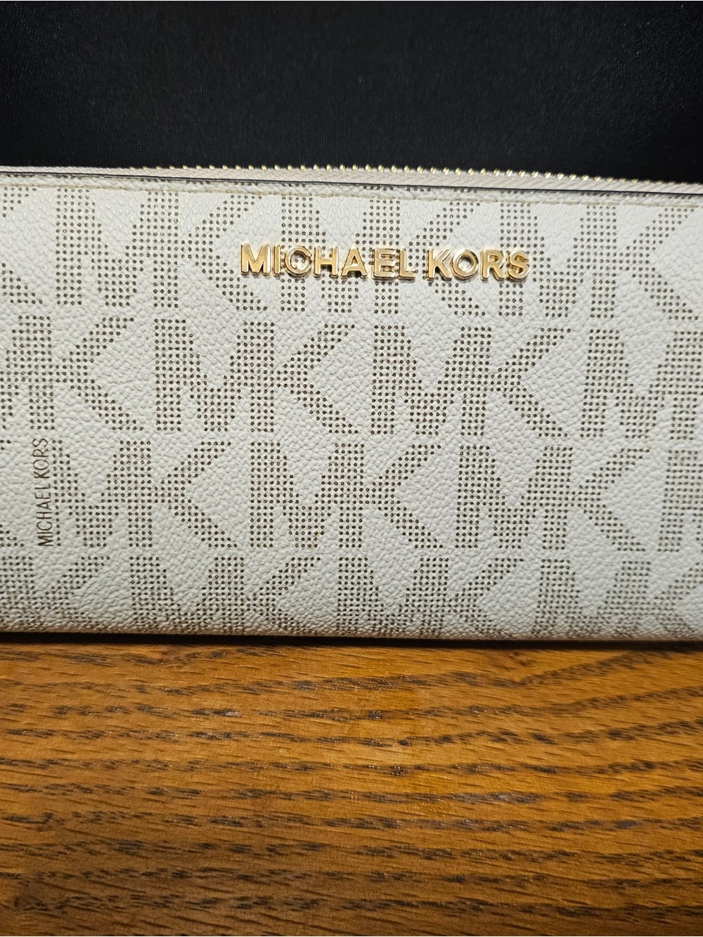 Michael Kors Cream Logo Zip Wallet with Gold Hardware